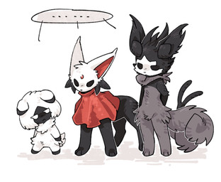alternate_species ambiguous_gender biped black_body black_eyes black_nose clothing ellipsis empty_eyes eyelashes feral fluffy fluffy_tail forehead_gem fur gem grey_body grey_fur group looking_at_another mouth_closed paws quadruped red_clothing red_gem speech_bubble standing tail trio white_body white_fur aaasakawa hollow_knight:_silksong hollow_knight_(franchise) nintendo pokemon team_cherry hornet_(hollow_knight) lace_(hollow_knight:_silksong) phantom_(hollow_knight:_silksong) eeveelution espeon espurr felid feline generation_2_pokemon generation_6_pokemon mammal meowstic pokemon_(species) 2026 hi_res female_(lore)