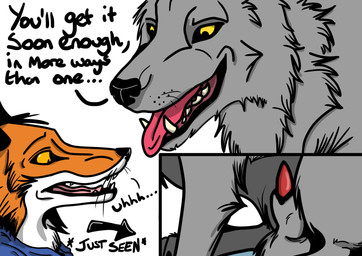 animal_genitalia animal_penis balls canine_genitalia canine_penis dialogue duo erection feral genitals half-erect knot knot_in_sheath knotted_penis looking_down male open_mouth penis sheath shocked shrinking simple_background size_transformation text transformation renwick-fox_(artist) canid canine canis fox mammal wolf absurd_res comic digital_media_(artwork) english_text hi_res