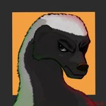 angry anthro black_body black_border black_fur black_nose blue_eyes border fur male multicolored_body multicolored_fur orange_background simple_background solo shdwk badger honey_badger mammal mustelid musteline 1:1 absurd_res hi_res