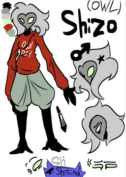 anthro black_body green_eyes grey_hair hair male standing shisimk shizo(shisimk) avian bird owl absurd_res hi_res