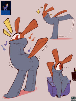 1_eye ambiguous_gender biped butt clothing ellipsis eyelashes eyes_closed grey_clothing grey_onesie musical_note musical_symbol on_one_leg onesie red_body red_eyes sitting solo sparkles standing symbol flarinthk deltarune undertale_(series) tao_(deltarune) darkner 2025 3:4 absurd_res digital_media_(artwork) hi_res reference_image