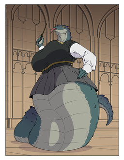 anthro big_breasts border bottomwear breasts clothing female glowing glowing_eyes hand_on_hip hufflepuff looking_at_viewer magic_wand mature_female school_uniform skirt solo sweater tongue tongue_out topwear uniform white_border wide_hips yellow_eyes arttukorppu harry_potter_(series) mythology basilisk_(harry_potter) mythological_basilisk mythological_creature mythological_scalie reptile scalie snake hi_res
