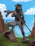 anthro armed bottomless bottomless_female claws cloak clothed clothing detailed_background female fur genitals grey_body grey_fur gun outside pussy ranged_weapon red_eyes rifle solo standing weapon np4tch blizzard_entertainment warcraft canid mammal werecanid werecreature worgen 3:4 hi_res