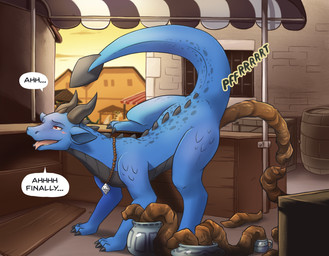 ambiguous_gender barrel blue_body blush claws fart feces feral horn jewelry looking_pleasured market_stall markings necklace necklace_only nude outside pooping pooping_in_container pooping_on_floor pottery red_eyes scales solo spots spotted_markings toe_claws tongue tongue_out conditional_dnp grumpyvulpix mythology alenn dragon mythological_creature mythological_scalie scalie english_description hi_res story story_in_description