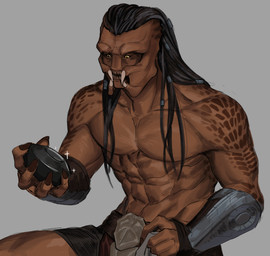 abs dreadlocks holding_object male mandibles markings pecs pseudo_hair shirtless shirtless_humanoid shirtless_male solo spots spotted_body leafjuly predator:_badlands predator_(franchise) kwei_(predator) alien humanoid yautja absurd_res hi_res