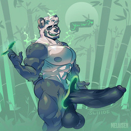 anthro balls bamboo bamboo_forest beard big_balls big_muscles big_pecs big_penis dialogue expansion facial_hair forest genital_expansion genitals hair huge_balls huge_penis humanoid_genitalia humanoid_penis hyper hyper_balls hyper_genitalia hyper_penis looking_at_viewer magic male muscular muscular_anthro muscular_male muscular_thighs nude_anthro nude_male pecs penis penis_expansion plant smile solo standing text tree white_hair melaisen bear giant_panda mammal 1:1 absurd_res english_text hi_res