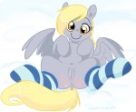 anus clothing feathered_wings feathers female feral footwear genitals grey_body grey_feathers legwear pussy socks solo wings ponyclopsasaurus friendship_is_magic hasbro my_little_pony mythology derpy_hooves_(mlp) equid equine mammal mythological_creature mythological_equine pegasus