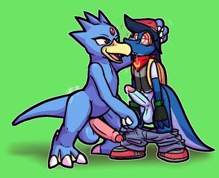 anthro anthro_on_anthro assisted_exposure backpack ball_size_difference balls beak beret big_penis blue_balls blue_body blue_feathers blue_hair blue_penis blue_scales bodily_fluids bottomwear bottomwear_down claws clothed clothing cute_fangs dominant dominant_anthro dominant_male drooling duo erection fangs feathers feet footwear forehead_gem foreskin gem genitals glans green_background grey_bottomwear grey_clothing grey_footwear grey_pants grey_shoes grey_topwear grey_vest hair hat head_grab headgear headwear hypnosis interspecies kerchief magic male male/male membrane_(anatomy) mind_control pants pants_down partially_clothed penis penis_size_difference pink_glans pink_penis red_clothing red_eyes red_footwear red_hat red_headwear red_kerchief red_shoes role_reversal saliva scales shirt shoes simple_background smile smirk sparkles submissive submissive_anthro submissive_male talons teeth thick_penis toe_claws toes topwear vest webbed_feet webbed_hands white_claws white_clothing white_shirt white_topwear yellow_beak yellow_kerchief ultilix nintendo pokemon ulti_(ultilix) generation_1_pokemon golduck lizard pokemon_(species) reptile scalie 2025