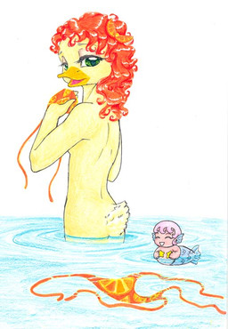 anthro barely_visible_breasts barely_visible_butt beak bikini breasts butt chibi clothed clothing curly_hair feathers female green_eyes hair non-mammal_breasts nude orange_slice partially_submerged rear_view red_hair side_boob simple_background skimpy skinny_dipping slim smile solo split_form swimwear tasteful tasteful_nudity two-piece_swimsuit under_boob undressing water water_ripple yellow_body yellow_feathers devilkitten1 anatid anseriform aquatic avian bird duck merfolk colored_pencil_(artwork) graphite_(artwork) traditional_media_(artwork)