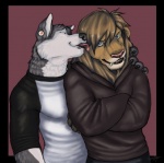 anthro black_border blue_eyes border cuddling duo licking male male/male purple_background simple_background tongue tongue_out voondahbayosh canid canine canis domestic_dog felid husky lion mammal nordic_sled_dog pantherine spitz