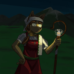 anthro belt blue_eyes brown_hair candle cane clothing cross cross_necklace dress female fire fur hair hand_on_hip inner_ear_fluff jewelry kerchief mountain necklace night ponytail red_clothing red_dress shepherd shepherd's_crook side_ponytail solo tan_body tan_fur tuft white_clothing white_dress juth canid canine canis domestic_dog mammal 1:1