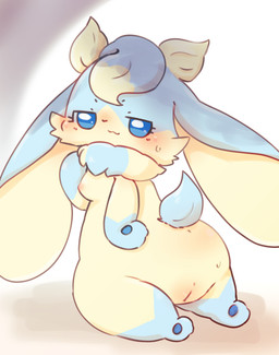 big_butt blue_body blue_eyes blue_fur blush bodily_fluids breasts butt chibi dewlap_(anatomy) female floppy_ears fur genitals kemono long_ears looking_at_viewer looking_back looking_back_at_viewer lop_ears multicolored_body multicolored_fur nipples nude open_mouth open_smile presenting presenting_hindquarters rear_view semi-anthro simple_background small_breasts smile solo sweat swirl tan_body tan_fur thick_thighs two_tone_body two_tone_fur vulva sakaeguchi_okarina sofu_(pyritie) lagomorph leporid mammal rabbit 2021 digital_media_(artwork) hi_res