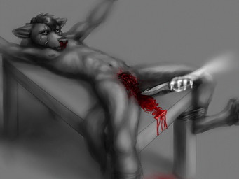 anthro athletic athletic_male blood blood_from_penis bodily_fluids bound captured castration cock_and_ball_torture disembodied_hand duo forced furniture genital_mutilation genital_torture genitals gore gore_focus hair holding_knife holding_object holding_weapon imminent_rape imminent_sex knife male mutilation nipples nosebleed nude penectomy penis pillow rope simple_background solo_focus table tears torture weapon curdog canid canine canis mammal wolf 2020 4:3 digital_media_(artwork) spot_color