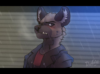 anthro black_clothing black_jacket black_topwear clothed clothed_anthro clothed_male clothing jacket male outside raining red_clothing red_shirt red_topwear shirt solo text topwear pocketshiba aggretsuko sanrio haida_(aggretsuko) hyena mammal 2019 artist_name dated hi_res letterbox