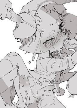 after_anal ahoge anthro blush blush_lines bodily_fluids cum cum_drip cum_in_ass cum_in_mouth cum_inside cum_on_face dripping ejaculation flaccid flaccid_while_penetrated floppy_ears genital_fluids genitals group group_sex hair handjob hands-free head_grab leaking_anus leaking_cum leg_grab looking_aside male male/male narrowed_eyebrows one_eye_closed oral oral_penetration penetration penile penis penis_in_mouth sex solo_focus spread_legs spreading vein veiny_penis young young_anthro young_male kurimo_jinguy ambiguous_species canid canine canis domestic_dog mammal 2026 greyscale hi_res japanese_description monochrome