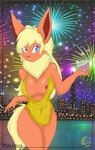 alcohol anthro beverage blonde_hair blue_eyes bread breasts brown_nipples brown_nose cheek_tuft chest_tuft city city_lights cleavage clothed clothing container cup detailed_background dress facial_tuft female fireworks fluffy fluffy_tail food fur hair holidays long_ears long_hair long_tail markings mole_(marking) nipple_slip nipples open_mouth orange_body orange_fur partially_clothed smile solo tail toast tuft wine yellow_clothing yellow_dress maximus_sun new_year nintendo pokemon koriand_wildfire eeveelution flareon generation_1_pokemon pokemon_(species) 2020 absurd_res hi_res signature