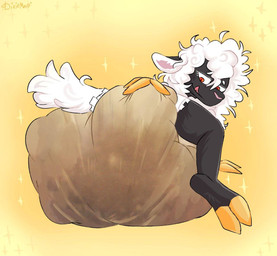 ambiguous_gender anthro big_diaper black_body diaper feathered_crest feathers feces fur green_body green_feathers head_crest hooves huge_diaper hyper licking licking_lips smug soiled_diaper soiling solo tail tongue tongue_out unclean_diaper used_diaper white_body white_fur wool_(fur) diximmo stella_(shapeshifter) bovid caprine mammal sheep