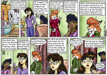 anthro black_hair breasts candy clothed clothed_female clothing dessert dialogue dress eyewear female food fur glasses group hair jack-o'-lantern looking_back orange_body orange_fur orange_hair purse red_clothing red_dress text trio style_wager dela_the_hooda dela_aldershaw lisa_(dela_the_hooda) sue_chan_(dela_the_hooda) zig_zag canid canine fox hooda human mammal 2002 comic english_text