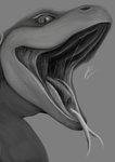 ambiguous_gender bodily_fluids buccinator detailed_anatomy detailed_scales feral forked_tongue glottis grey_background mouth_shot open_mouth pupils saliva scales simple_background slit_pupils smile snout solo tongue rektalius reptile scalie snake black_and_white detailed hi_res monochrome