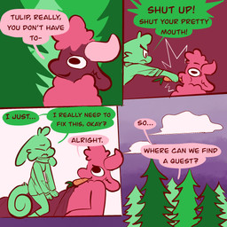 4_panel_comic anthro bedding blanket carrot clothed clothing cloud dialogue female fluffy fluffy_hair food food_fetish food_in_mouth food_insertion food_play forest hair horizontal_pupils horn improvised_sex_toy interrupted_speech male male/female morning nature nature_background outside plant problem_solving pupils simple_background sky skyscape speech_bubble tail text topless topless_male tree treeline vegetable vanilla_candy unicorn_blood_(comic) saffron_(unicorn_blood) tulip_(unicorn_blood) bovid caprine hybrid lagomorph mammal sheep 1:1 comic english_text hi_res restricted_palette