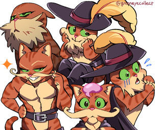 3_fingers abs anthro beard belt bodily_fluids boots cape clone clothing eyeliner facial_hair fingers footwear frown fur fuzzy green_eyes grin group half-closed_eyes hand_on_face hand_on_hip hat headgear headwear looking_aside looking_at_viewer makeup male muscular muscular_anthro muscular_male mustache narrowed_eyes nervous nervous_sweat open_mouth orange_body orange_fur shocked shoes simple_background sitting smile solo standing surprised sweat sweatdrop tail teeth tired tired_eyes white_background wide_eyed greeneyecollect dreamworks puss_in_boots_(franchise) puss_in_boots_(dreamworks) domestic_cat felid feline felis mammal tabby_cat multiple_images signature
