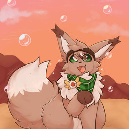 ambiguous_gender badge beach brown_body brown_fur bubble explorer_badge eyewear eyewear_on_head feral freckles fur goggles goggles_on_head green_eyes happy kerchief looking_up neckerchief neckwear open_mouth paws raised_paw sitting solo sunset tail tail_motion tailwag razorwiind nintendo pokemon pokemon_mystery_dungeon spike_chunsoft stomak eevee generation_1_pokemon pokemon_(species) 1:1 2025 digital_media_(artwork) hi_res shaded