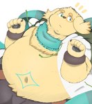 anthro belly clothed clothing fur green_eyes jacket male moobs navel_tattoo open_clothing open_jacket open_topwear overweight overweight_male pawpads ruff scarf simple_background solo topwear white_background white_clothing white_jacket white_topwear yellow_body yellow_fur poketalesof lifewonders tokyo_afterschool_summoners cu_sith_(tas) bird_dog canid canine canis domestic_dog golden_retriever hunting_dog mammal retriever absurd_res hi_res