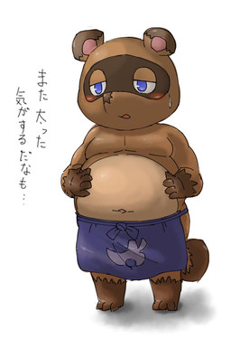 anthro apron belly blue_apron blue_clothing blush brown_body brown_fur clothing fur humanoid_hands male moobs overweight overweight_anthro overweight_male simple_background solo text white_background sakusan_kc animal_crossing nintendo tom_nook_(animal_crossing) canid canine mammal raccoon_dog tanuki 2015 hi_res japanese_text