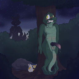 animal_genitalia animal_penis anthro balls blush bodily_fluids cum detailed_background embarrassed enhibitionism erection genital_fluids genitals hiding long_story male night nude outside penis plant public public_erection raining scared solo teeth tree yellow_eyes backsash anonymous crocodile crocodilian reptile scalie 1:1 2015 absurd_res digital_media_(artwork) hi_res story story_in_description
