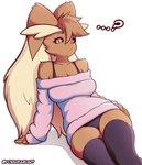 anthro biped breasts brown_body brown_fur clothed clothing eyelashes female fur hair legwear looking_at_viewer pupils solo thick_thighs thigh_highs yorusagi nintendo pokemon generation_4_pokemon lopunny pokemon_(species) hi_res