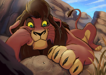 4_toes brown_body brown_fur brown_tail claws cloud countershade_fur countershade_torso countershading day feet feral front_view fur green_eyes lying male on_front outside quadruped sky solo tail toe_claws toes whiskers yellow_sclera reallynxgirl disney the_lion_king kovu_(the_lion_king) felid lion mammal pantherine 2025 digital_drawing_(artwork) digital_media_(artwork)
