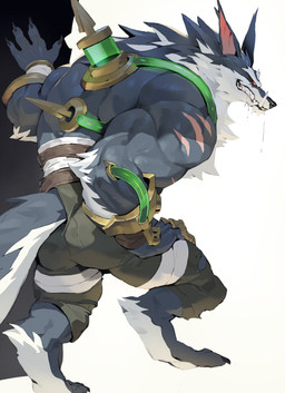 anthro back_muscles biceps big_butt butt clothed clothing deltoids digitigrade fangs fur male muscular muscular_anthro muscular_male partially_clothed red_eyes scar sharp_teeth simple_background smile solo teeth triceps yed league_of_legends riot_games tencent warwick_(lol) canid canine canis mammal wolf hi_res