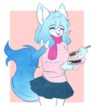 anthro blep blue_eyes blue_hair blush bottomwear clothed clothing female fluffy fluffy_tail food fur hair legwear scarf skirt solo sushi sweater tail tongue tongue_out topwear twintails_(hairstyle) white_body white_fur inosagi ava_(ddark) canid canine fox mammal absurd_res hi_res