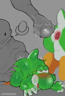anal anal_fisting anal_fluids anal_penetration anthro anus balls big_butt blush bodily_fluids boots butt clothing deep_fisting duo egg egg_in_ass egg_insertion fisting footwear gaping gaping_anus genitals green_body heart_eyes heart_symbol male penetration shoes simple_background sweat sweatdrop sincastermon mario_bros nintendo dinosaur green_yoshi human mammal prehistoric_species reptile scalie yoshi hi_res