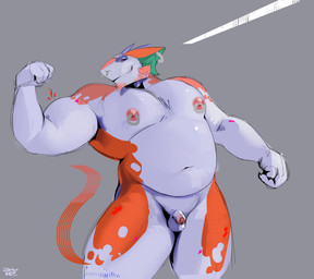 anthro balls belly big_but_unendowed big_muscles big_pecs ear_piercing ear_ring facial_hair facial_piercing flexing foreskin genitals goatee looking_at_viewer male musclegut muscular muscular_arms muscular_legs navel nipple_piercing nipple_ring nipples nose_piercing pecs penis piercing ring_piercing septum_piercing small_balls small_penis smile solo aviesergal avie sergal hi_res