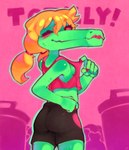 anthro bottomwear breasts clothing female one_eye_closed pink_background rear_view shirt shorts side_boob simple_background solo spandex spandex_shorts tank_top tight_bottomwear tight_clothing tight_shorts topwear wink onimiere undertale_(series) bratty_(undertale) alligator alligatorid crocodilian reptile scalie absurd_res hi_res