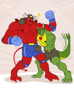anthro ballbusting big_muscles blue_bottomwear blue_clothing blue_shorts blush blush_lines body_hair bottomwear boxing boxing_gloves boxing_shorts bulge chest_hair clothing cock_and_ball_torture duo exclamation_point genital_torture hair handwear horn male male/male muscular muscular_male red_body red_hair red_skin shorts sport tail a513 european_mythology mythology wade_hixton's_counter_punch fan_character gus_incubus sabrewing_(character) demon dragon monster mythological_creature mythological_scalie scalie western_dragon wingless_dragon 2018 hi_res