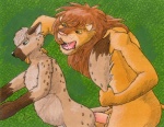 abdominal_bulge anthro duo erection fangs felid forced genitals green_eyes guppy_(artist) hyena interspecies lion male male/male mammal pantherine penis rape spotted_hyena tail tail_grab teeth yellow_eyes