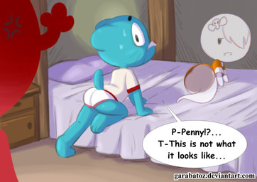 anthro bed bodily_fluids briefs butt caught_in_the_act clothed clothing feet female furniture group hair infidelity looking_back male shota sweat text tighty_whities underwear white_briefs white_clothing white_underwear young young_anthro young_female young_humanoid young_male garabatoz cartoon_network the_amazing_world_of_gumball carrie_krueger gumball_watterson penny_fitzgerald domestic_cat felid feline felis ghost humanoid mammal spirit english_text url