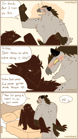 3_panel_comic anthro anthro_on_anthro arm_support bed bedding bedroom_sex black_border black_ears black_mane blanket blush blush_lines bodily_fluids border bubble_emanata dialogue drunk duo ellipsis emanata eye_contact fur furniture genitals gloves_(marking) grey_body grey_fur humanoid_genitalia humanoid_penis imminent_sex jagged_mouth leg_grab looking_at_another male male/male mane markings multicolored_body multicolored_fur muscular muscular_male no_pupils on_bed open_mouth open_smile penis pillow reassuring simple_background smile speech_bubble spots spotted_body spotted_fur spread_legs spreading substance_intoxication sweat tail tail_motion tailwag tan_background text three_frame_image worried_look yellow_sclera lovebuffpg45 wilber_(pegu2726) avian hyena mammal 9:16 artist_name comic english_text hi_res