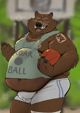 anthro belly belly_overhang big_belly big_butt blurred_background bodily_fluids body_hair bottomwear brown_body brown_fur butt chain_jewelry claws clothing eye_scar eyebrows facial_scar fupa fur gesture hand_gesture holding_object male nipples overweight overweight_anthro overweight_male pawpads pointing pointing_at_viewer scar shirt shorts small_clothing solo sweat tank_top tattoo topwear yellow_eyes raivenderouthelion goat_(movie) sony_corporation sony_pictures grizz_(goat) bear brown_bear grizzly_bear mammal ursine 2026 hi_res