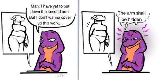 anthro dialogue drawing_tablet female female_anthro fingers holding_tablet_pen horn multicolored_body purple_body snake_hood solo spots tablet_pen text two_tone_body ncs alpine_(ncs) keeshee reptile scalie snake 2026 comic english_text hi_res