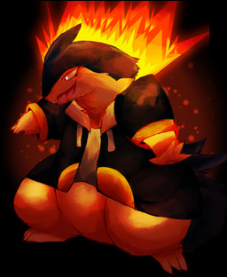 3_toes 4_fingers anthro black_background black_body black_clothing black_fur black_jacket black_topwear bottomless bottomless_anthro clothed clothed_anthro clothed_male clothing feet fingers fire flaming_hair flaming_mane fluffy fur glistening glistening_eyes glowing jacket jacket_only light male male_anthro neck_tuft open_mouth open_smile orange_lighting partially_clothed partially_clothed_anthro partially_clothed_male pose pseudo_hair pseudo_mane red_eyes shadow shirt shirt_only simple_background smile solo stylish tan_body tan_fur toes topwear topwear_only tuft yellow_lighting felipotyphlosion nintendo pokemon badger generation_2_pokemon mammal mustelid musteline pokemon_(species) typhlosion hi_res lighting remake