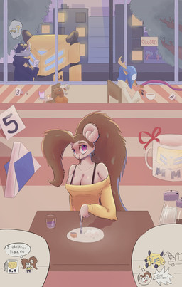 anthro big_breasts breasts brown_hair clothing female fur group hair machine male mecha meka_mouse purple_eyes size_difference sweater text topwear white_body white_fur yellow_clothing yellow_sweater yellow_topwear yomi_(artist) capybara caviid deer mammal mouse murid murine rhinoceros rodent english_text hi_res