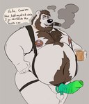 alcohol anthro bear belly belly_hair beverage bodily_fluids body_hair chastity_cage chastity_device chest_hair chest_tuft cigar dildo dominant_in_chastity dripping english_text genital_fluids genitals male male_wearing_strapon mammal nipple_piercing nipples overweight overweight_anthro overweight_male penis piercing precum precum_drip sex_toy solo strapon strapon_over_chastity strapon_over_penis tcw tcw_(character) text tuft white_body