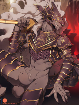 animal_genitalia anthro armor balls biped black_armor black_sheath_slit breastplate closed_sheath_slit fangs fully_sheathed fur genitals grey_body grey_fur hair headgear helmet holding_melee_weapon holding_object holding_sword holding_weapon male melee_weapon sheath sheath_slit sitting solo sword teeth text vambrace weapon white_hair patto elden_ring fromsoftware maliketh_(elden_ring) canid canine canis mammal wolf 2022 hi_res url