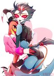 anthro beak bubble_butt butt clothed clothing duo feathers femboy hand_on_butt looking_at_viewer looking_back male seductive tail tail_feathers kaenin helluva_boss blitzo_(helluva_boss) stolas_(helluva_boss) avian bird demon humanoid imp owl hi_res