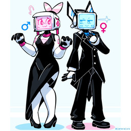 :3 body_swap clothing dress duo female female_symbol gender_symbol machine male_symbol not_furry screen screen_face simple_background smile suit symbol white_background baronflint avalon_(baronflint) camelot_(baronflint) humanoid robot robot_humanoid