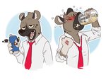 2020 4:3 aggretsuko alcohol anthro beer beverage black_nose blush brown_body brown_fur chugging claws clothing drinking drunk eclipticafusion fangs fur gesture haida_(aggretsuko) half-closed_eyes hand_gesture holding_object hyena male mammal narrowed_eyes necktie open_mouth pointing rolled_up_sleeves sanrio shirt simple_background soda solo spots spotted_hyena substance_intoxication teeth tongue topwear vein