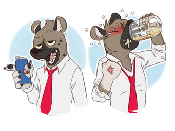 alcohol anthro beer beverage black_nose blush brown_body brown_fur chugging claws clothing drinking drunk fangs fur gesture half-closed_eyes hand_gesture holding_object male narrowed_eyes necktie open_mouth pointing rolled_up_sleeves shirt simple_background soda solo spots substance_intoxication teeth tongue topwear vein eclipticafusion aggretsuko sanrio haida_(aggretsuko) hyena mammal spotted_hyena 2020 4:3